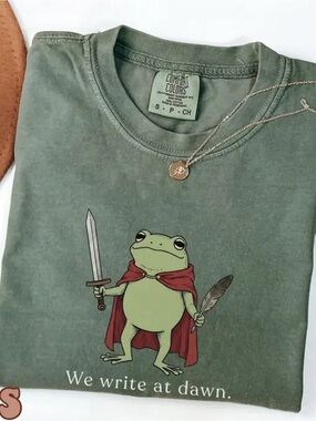 Comfort Colors Moss Green Frog Graphic Tee - "We write at dawn."